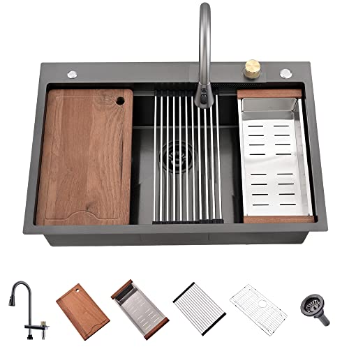84,9 cm große Küchenspüle, schwarzer Edelstahl mit Wasserhahn, SOMRXO Topmount Küchenspüle Arbeitsplatz, mattschwarz, Edelstahl, Küchenspüle, 25,4 cm, tiefe Einzelschale, Küchenspüle mit Zubehör Cover