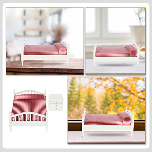STOBOK 1: 12 Puppenhaus Möbel Bett Miniature Puppenhaus Bett Puppenhaus Doppelbett mit Matratze Und Holznachttisch für Puppenhaus Dekoration – Bild 6