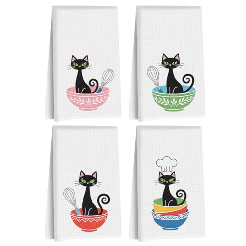 Image of 4 Pcs Cute Cat Kitchen Towels 24x14 Inch, Cats Gifts Reusable Dish Towels for Kitchen Bathroom Home Decor, Waffle Weave Absorbent Hand Cloth Tea Towel, Cat Lover Gifts for Women Mom Friend
