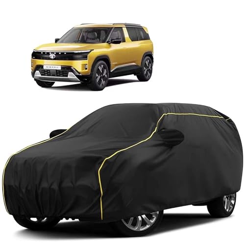 Image of Sulfar 100% Water Resistant Car Body Cover Compatible with Mirror for Tata Sierra (Triple Stitched, Full Bottom Elastic, Black Tafetta with Yellow Piping)