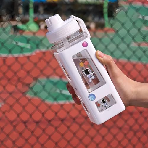 Image of Kawaii Water Bottle with Straw and Lid, 700ml /23.6OZ Cute Water Bottles BPA-free & Leak Proof Square School Drinking Bottle, Cute Plastic Color School Water Bottle for Girls (White)