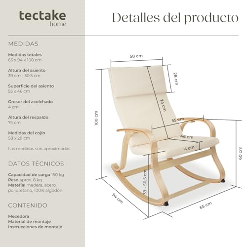 Miniatura 2 de Tectake 801034 - Mecedora Roca De Madera De Abedul 150kg, Silla Mecedora, Oscilante, Sillón Ergonómico Para Balanceo Beige