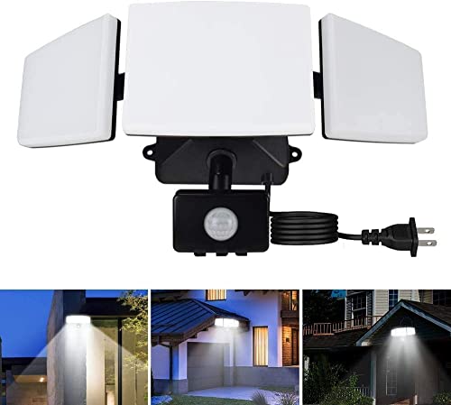 Dllt 35W Plug In Motion Sensor Light Outdoor, Led Motion Security Lights With 3 Adjustable Heads, Ip65 Waterproof Exterior Detected Flood Light For Garage, Yard, Porch, Patio, 6500K, (Black) #TOP28
