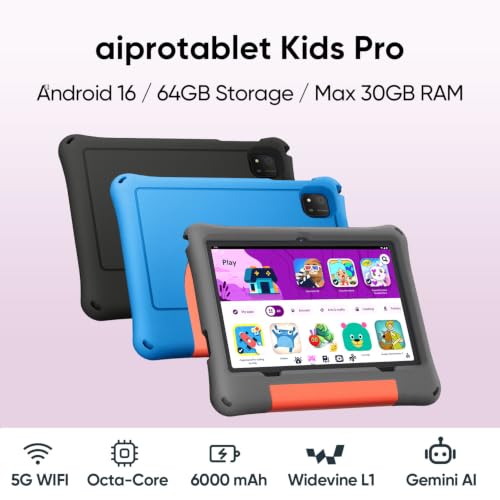 Image of Kids Tablet, Android 16 Tablet for Kids 10 inch Octa-Core with Case, 30GB RAM 64GB ROM 2TB TF Card Expandable for Toddler Children, Parental Control, Dual Camera, BT5.4, WiFi, Gift (Gray)