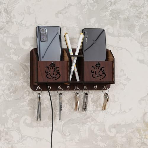 Image of CAPIO ART Wooden Wall Mounted Key Holder with 8 Hooks & Ganesha Design