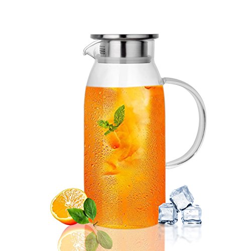 Dore We New York 60 oz Glass Pitcher with Lid Borosilicate Glass – Includes 20 Recipe E-Book – High Heat Resistant Glass Pitcher For Hot & Cold Drinks – Stove-Top Safe – Stainless Steel Lid & Strainer