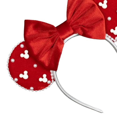 Christmas Red Velvet Mouse Ears Hair Bow Headband with Beads, Par...