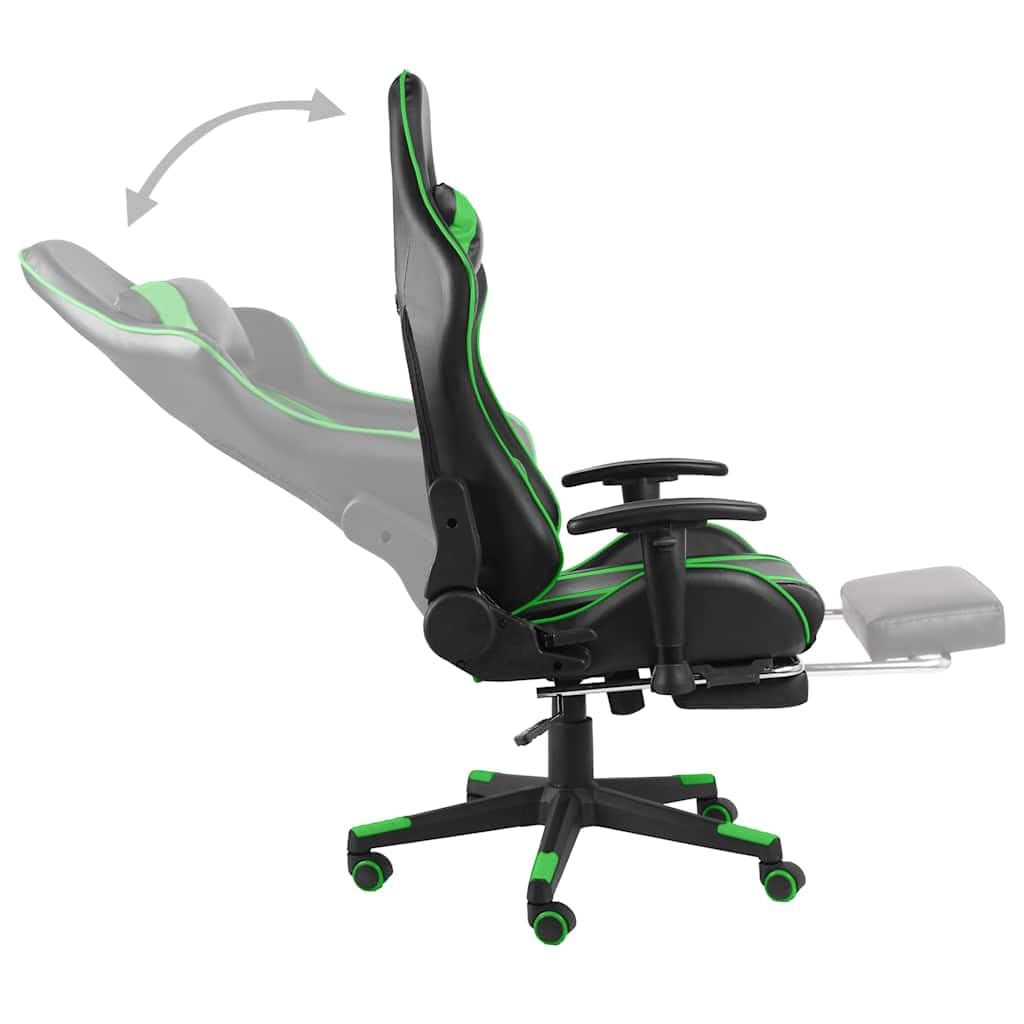 Sedia da gaming con poggiapiedi, girevole, verde, in PVC, ergonomica, per ufficio e casa, con cuscino lombare e collo, funzione basculante, braccioli, ruote, 110 kg
