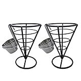 MIAO JIN 2Pcs French Fries Stand Cone Basket Fry Holder with Sauce Dippers Metal Cone Snack Fried Chicken Display Rack Wire Stands for Kitchen Restaurant Party Supplies (Black)