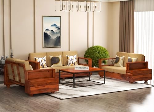 Image of Sheesham Wood 7 Seater Sofa Set with 2 Drawer Storage | 3+2+2 Wooden Sofa Set Furniture for Living Room Home Office (3+2+2,Honey)