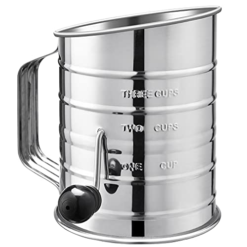 Tamiz de Harina de Acero Inoxidable: U-Taste 3 Cup Tamizador para Repostería de Manivela Giratorio con Pantalla de Malla Fina 20 y Medida Estampada para Harina para Hornear y Azúcar en Polvo