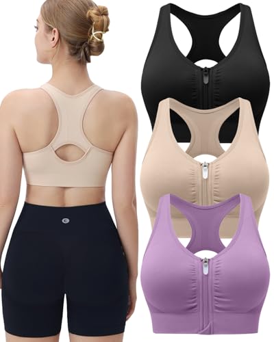 Evercute Women's Zip Front Sports Bras Wireless Padded Racerback Medium Support Post-Surgery Bra Yoga Exercise Athletic Bras