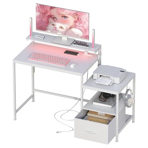 LunarLight パソコンデスク 幅120cm ゲーミングデスク ラック&コンセント付き 引き出し1個 プリンター台付き 勉強机 pcデスク ワークデスク オフィス 左右入れ替え対応 棚の高さ調節可能 (ホワイト, 幅120p)