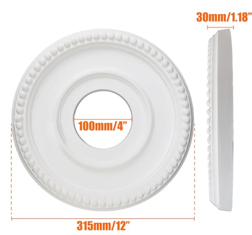 Image of 12 Inch OD x 4inch ID White Ceiling Medallion Plate - PU Plastic Decorative Cover for Fan, Light Fixtures, Chandelier Canopies - Traditional, Retro, and Minimalist Home Lighting Replacement