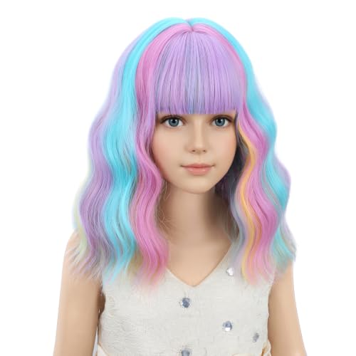 Image of PATTNIUM Multicolor Wig for Kids Rainbow Child Wig with Bangs Wavy Colorful Wigs for Girls Shoulder Length Heat Resistant Synthetic Wigs