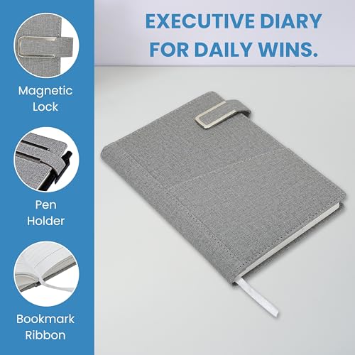 Image of A5 Notebook Diary for Men Women | Executive Professional Office Diary with Magnetic Flip Lock (220 Ruled Pages, 6 x 8.5 Inches, 80 GSM, Grey)