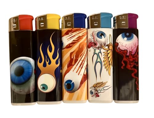 Eyeball Lighters 5 Pack - Electronic Refillable Lighters, No Flashlight