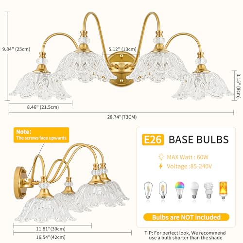 Image of Gold Bathroom Vanity Light, 4-Light Brushed Gold Finish Vanity Light with Floral Clear Glass Shades, Vintage Wall Mount Lighting for Bathroom, Dressing Table