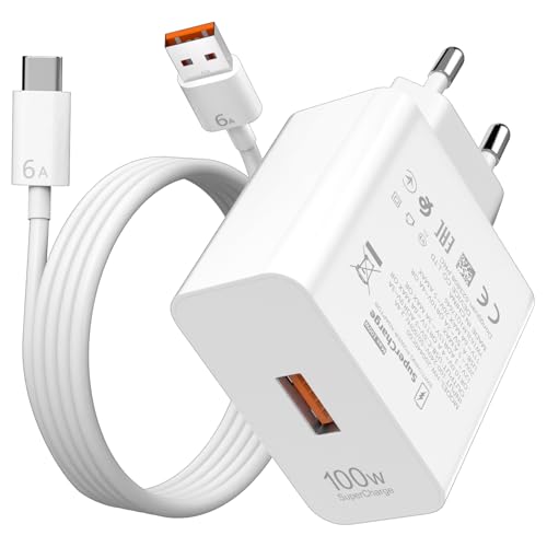 100W Cargador Carga Rapida con Supercharge Cable USB C 1m para Honor 400 300 200 70 Magic4 Magic7 Pro 90 GT, Enchufe USB para Huawei Mate 60 Pura 70 Ultra Nova 11, Cargado Adaptador Cabezal Blanco
