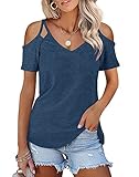 Minclouse Women's Summer Short Sleeves Tops Cold Shoulder V Neck Shirts Casual Strappy Tees Blue