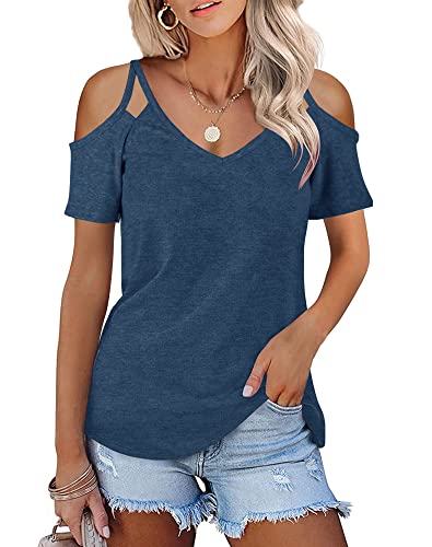 Minclouse Women's Summer Short Sleeves Tops Cold Shoulder V Neck Shirts Casual Strappy Tees Blue