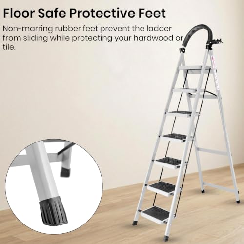 Image of Casa Copenhagen White 7 Step Ladder for Home Use with Built-in Tool Tray | Heavy Duty D Shape Rods | Ultra Large Platform | Wide Rubber Feet | 150Kg Capacity Foldable Ladder - 7 Years Warranty