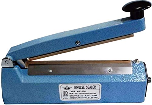 AIE AIE-200 Impulse Handheld Bag Sealer, 8" Max. Seal Length, 2 mm Seal Width, 350 Watts, Exceptional air and watertight seals on most plastic materials up to 6 mil, Food and non-food applications