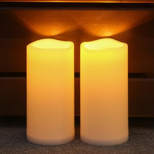 Image of NURADA Large Outdoor Solar Candles Waterproof - 8 inch x 4 inch Rechargeable Solar Powered Flameless LED Pillar Flickering Candle for Patio Porch Lanterns Decor - Ivory Set of 2
