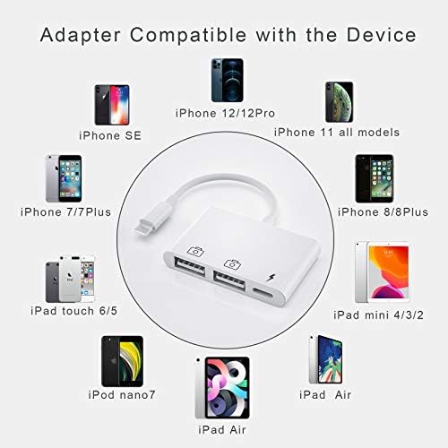 iPhone USB Camera Adapter, Dual USB Female OTG Cable with Lighting Charging Port Adapter, USB Adapter for iPhone Compatible with iPhone 14/13/12/11/X/XS/XR/8/7/Pad