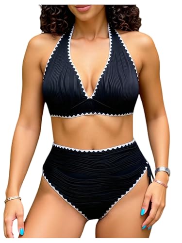 Verdusa Women's Plus Size 2 Piece High Waisted Bikini Sets Textured Halter Swimsuits Vacation Outfits Black X-Large Plus