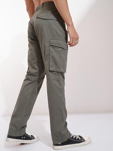 Image of Highlander Men's High-Rise Straight-Fit Cargo Trousers | Utility Pockets | Fashion & Function Blend | Carpenter Fit | Men Trousers | Trousers for Man |Cargo Pants for Men