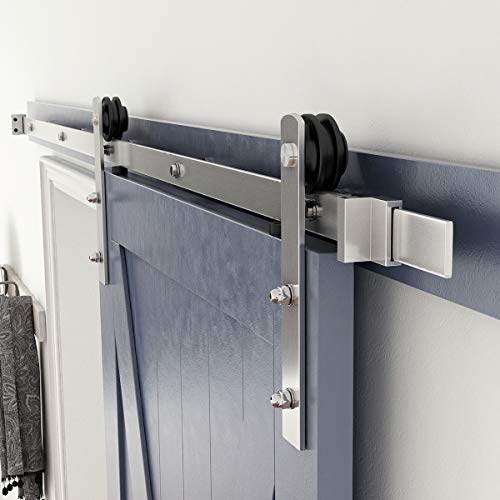 Image of SMARTSTANDARD 6.6ft Nickel Brushed Heavy Duty Sliding Barn Door Hardware Kit, Single Rail, Silver, Super Smoothly and Quietly, Simple and Fit 36 inch-40 inch Wide DoorPanel (I Shape Hanger) | Sturdy Silvery Track-Smoothly and Quietly-Simple and Easy to Install-Fit 36 inch-40 inch Wide Door Panel (I Shape Hanger)