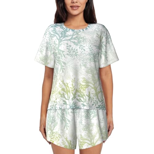 Pyjama à manches courtes femme imprimé algues vertes, ensemble homewear léger