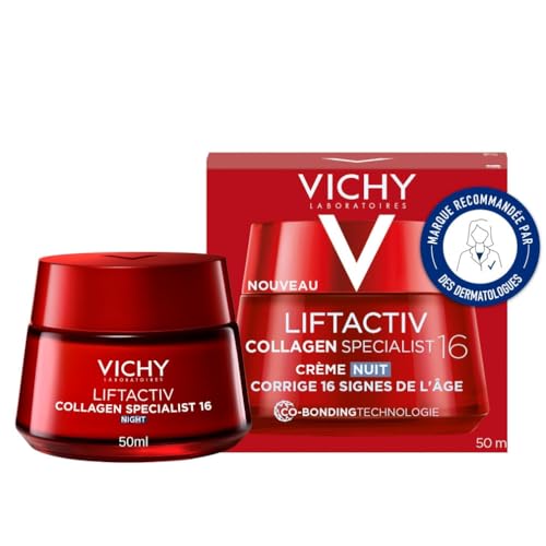 Vichy, Liftactiv, Crème de Nuit Anti-Âge Collagen Specialist, Lisse & Repulpe, Enrichi en Vitamine Cg, Pour tous Types de Peau, 50 ml
