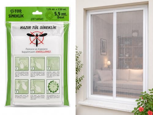 Pratik Sineklik Hazır Tül Sineklik Çift Kanat 150 cm x 125 cm Kapı ve Pencere Uyumlu Pimapen için Böcek Sinek Engelleyici Tül 5.5 metre Yapıştırma Bantlı (1)
