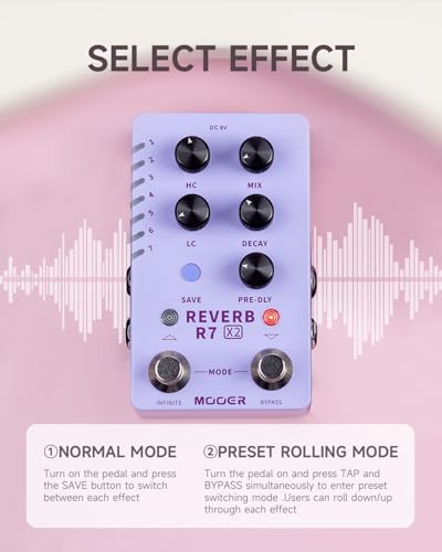 Image of MOOER R7 X2 Stereo Multi Reverb Pedal from Classic Reverb to Modern Ambient, 14 different Reverb types with High Cut, Low Cut, Mix Parameter Knobs and Infinite and Trail-on functions
