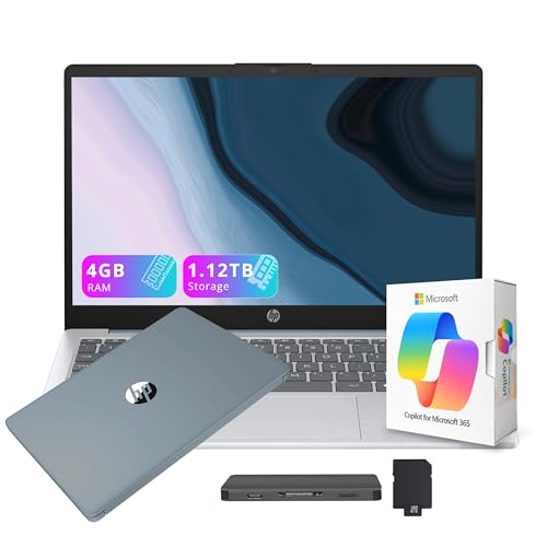 HP 14' HD Business & Student Laptop, with Office 365 & Copilot AI, AMD Athlon 7120, 4GB RAM, 1.12TB Storage (128GB UFS + 1TB Docking Station Set), AMD Radeon Graphics, Wi-Fi 6, Win 11, Moonlight Blue