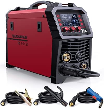 ARCCAPTAIN MIG Welder, 200Amp 6 in 1 Gas MIG/Gasless Flux Core MIG/Stick/Lift TIG/Spot welding/Spool Gun 110V/200V Aluminum Multi Process Welding Machine with LED Digital Display, Burn Back Adjustment
