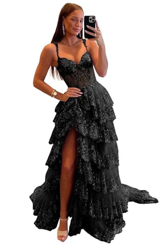 Maxianever Off The Shoulder Flower Prom Dresses Lace Tulle Long Tiered Women’s Formal Evening Ball Gowns Sparkly 2024
