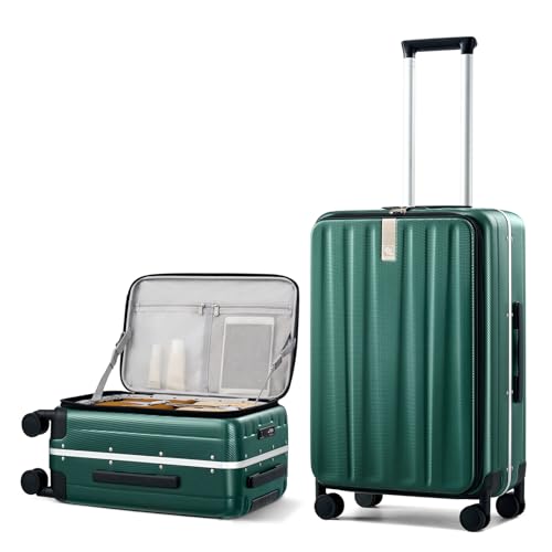 Image of Hanke 24 Inch Checked Luggage PC Hard Shell Luggage Top Opening Aluminum Frame Travel Luggage Suitcases with Wheels for Woman Men.(Blackish Green)