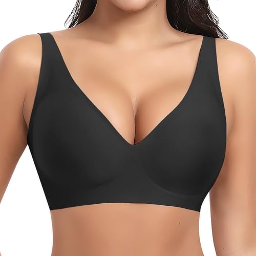 Ganado Sujetador sin Aros Mujer Sujetadores Push up con Relleno sin Costuras Bralette Básicos Cuello V Profundo (Negro,M)