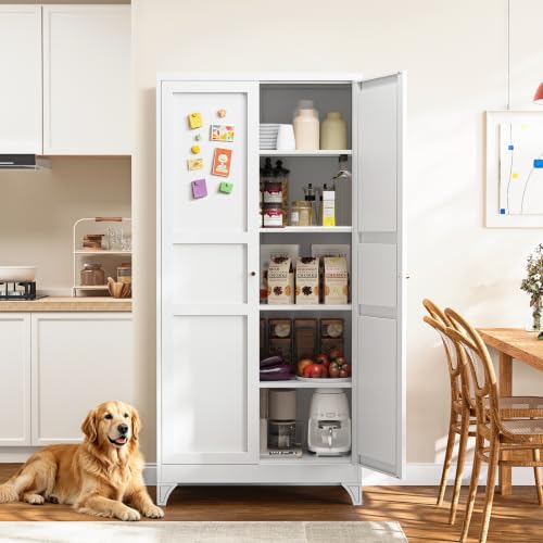 Yizosh Metal Pantry Cabinet, 75″ Kitchen Pantry with 2 Door and 4 Adjustable Shelves,White Metal Pantry Storage Cabinet,Cupboard for Kitchen,Dining Room,Living Room and Bathroom