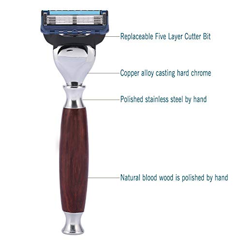 Men\'s Wood Shaving Set, Wet Grooming Shaving Set with Rosewood 5 Layer Razor, Wood Brush and Stainless Steel Stand, Perfect Gift for Boyfrien and Father
