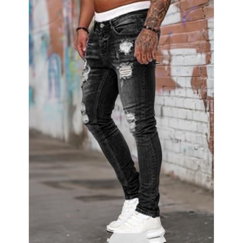 Men's Slim Fit Jeans Stretch Destroyed Ripped Skinny Jeans, Side Striped Denim Pants, Stretch Blue Ripped Straight Denim4