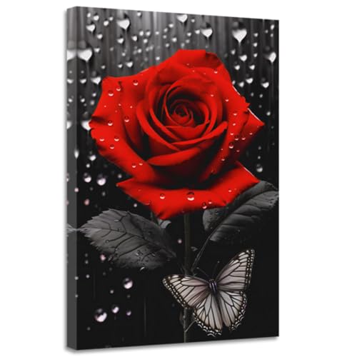 CGXLB Red Rose Pictures Wall Decor Romantic Rose & Butterfly Painting Gothic Floral Artwork for Bedroom Lounge Bathroom 12"x18"