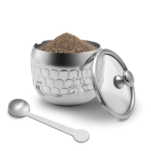 300 ml Sugar Bowl 304 Stainless Steel Spice Jar Home Spice Jar Metal Tin Kitchen Sugar Container with Lid and Spoon for Spices, Sugar, Coffee, Tea, Pepper (Style 3)