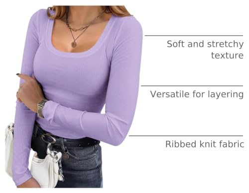 Image of Ekouaer Womens Long Sleeve Shirts Square Neck Slim Fit Basic Tops Ribbed Thermal Undershirts Layering Tee