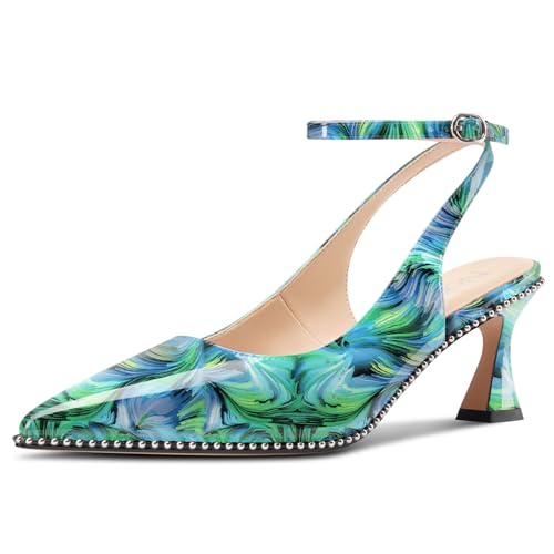 Image of NobleOnly Womens Slingback Heels Beaded Pumps Ankle Strap Pointed Toe Kitten Heels Dress Shoes 2.6 Inches
