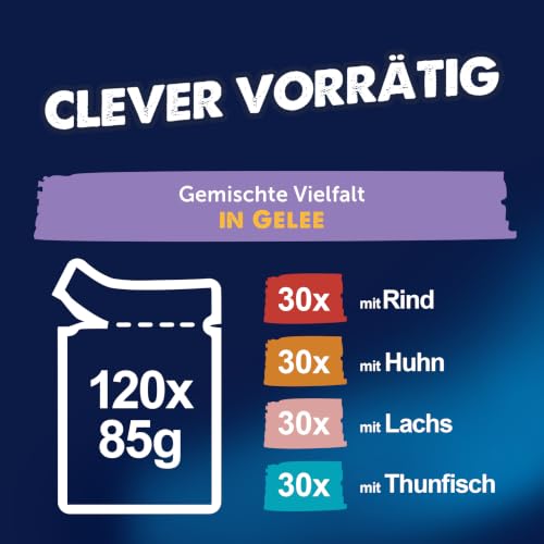 FELIX So gut wie es aussieht Senior 7+ Nassfutter für Katzen Gemischte Vielfalt Vorteilspack, 120 praktische Portionsbeutel, zarte Stücke in Gelee, 4 leckere Sorten, 100% vollständige Ernährung