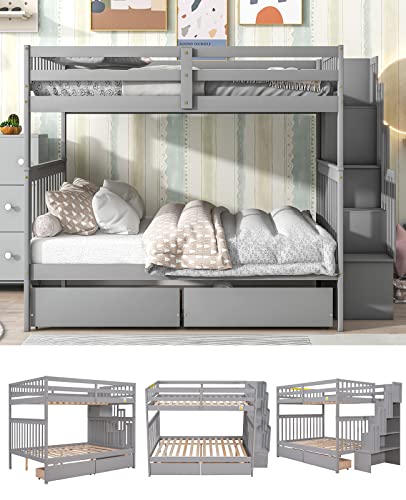 Tatub Full Over Full Bunk Bed With Stairs, Drawers, Wood Bunk Bed Frame And Stairway With Guard Rails For Kids, Teens, Boys And Girls, Bedroom, Dorm, No Box Spring Needed, Grey #TOP2